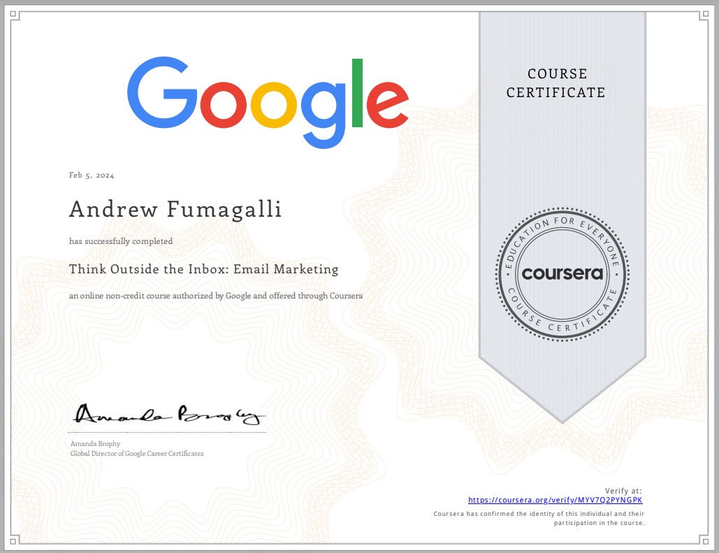 Google Email Course Certificate - 'Think Outside the Inbox: Email Marketing'.