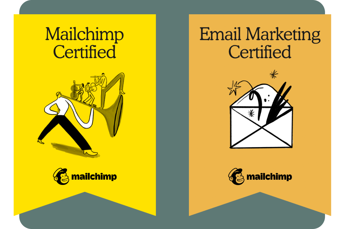 a collage of several accomplishments and evidence of my work in email design including my MailChimp certificate badge and test scores.